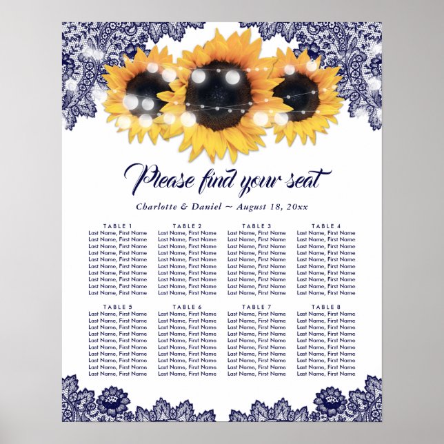 Navy Blue Lace Sunflower Wedding Seating Chart 8 Poster (Framsidan)