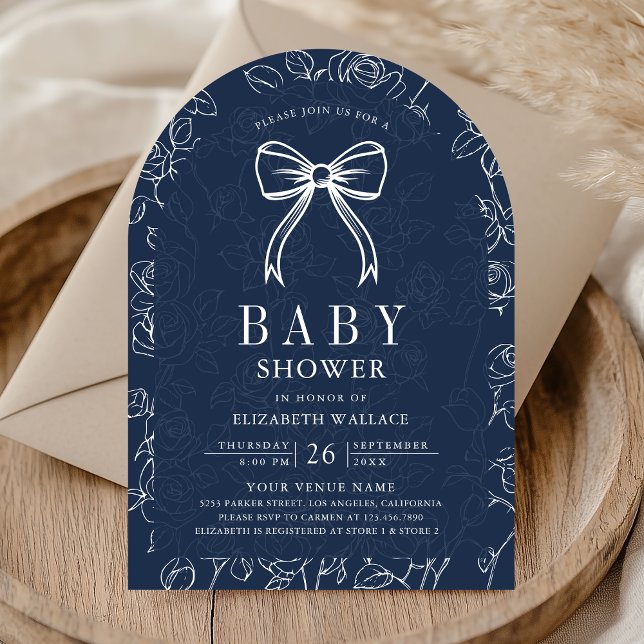 Navy Blue Line Art Coquette Bow Baby Shower Inbjudningar (Skapare uppladdad)