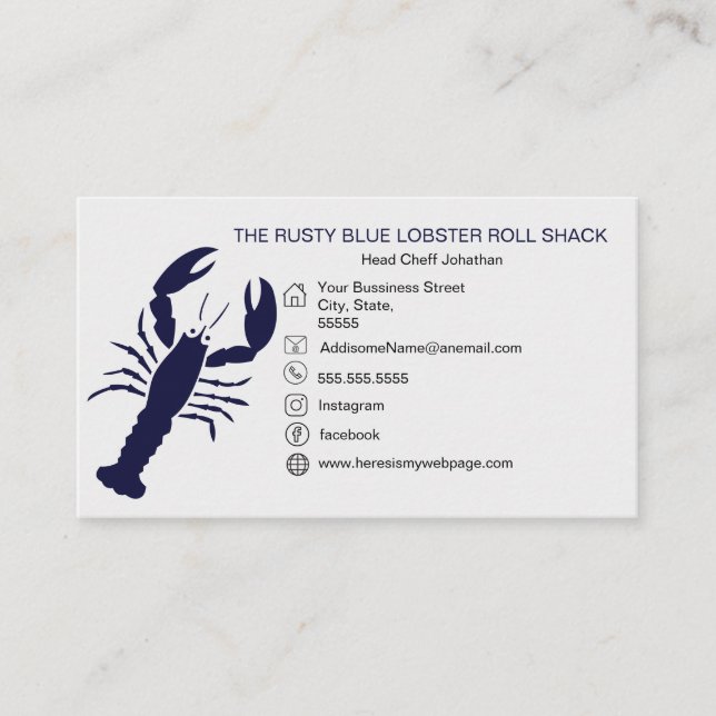 NAVY Blue Lobster Seafood Black Simple Nautical Visitkort (Framsida)