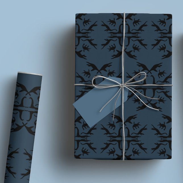 Navy Blue Loch Ness Monster Damask Presentpapper (Skapare uppladdad)