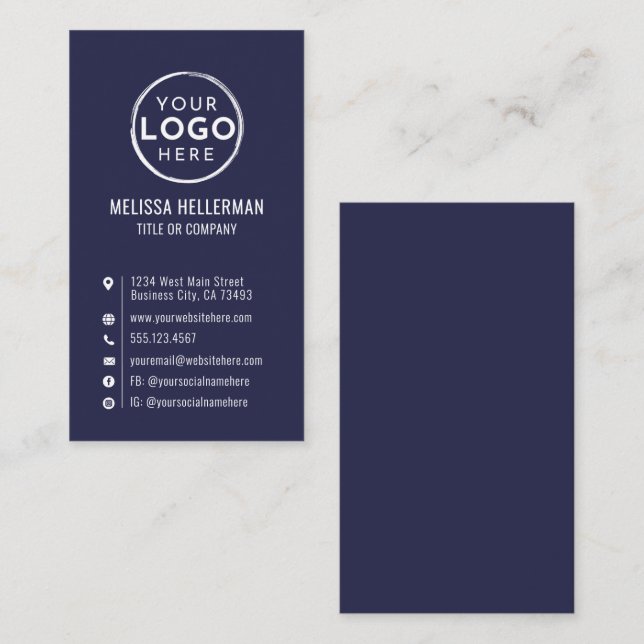 Navy Blue Logo Minimal Modern Vertical Visitkort (Fram/baksida)
