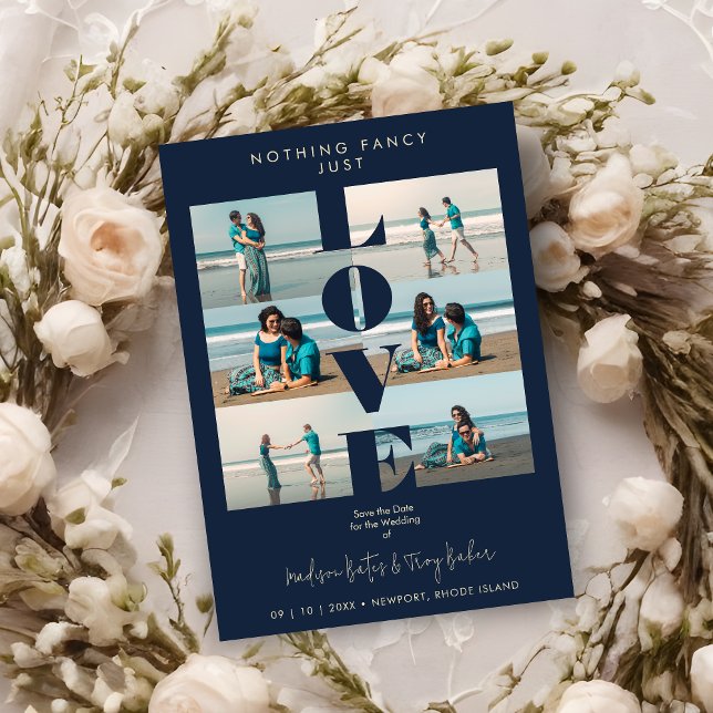 Navy Blue Love Quote Simple Elegant  6 Multi Photo Spara Datumet (Navy Blue Love Quote Simple Elegant Modern 6 Multi Photos Wedding Save the Date with Envelope.)