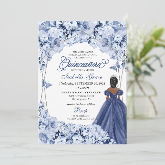 Navy Blue Lush Ro Princess Quinceañera Inbjudningar (Stående Fram)