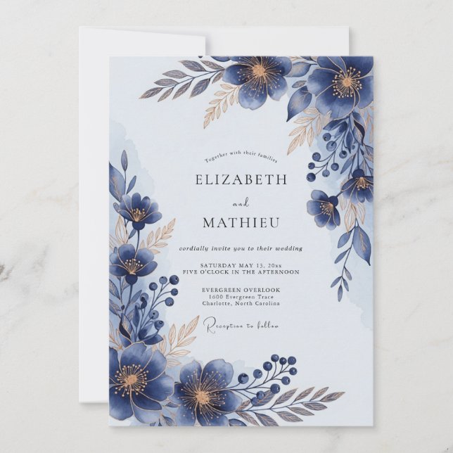 Navy Blue Lustrous Floral Wedding Inbjudningar (Framsida)