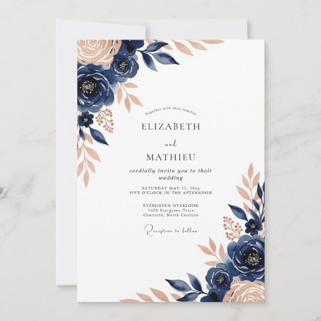 Navy Blue Luxe Botanical Wedding Inbjudningar (Framsida)