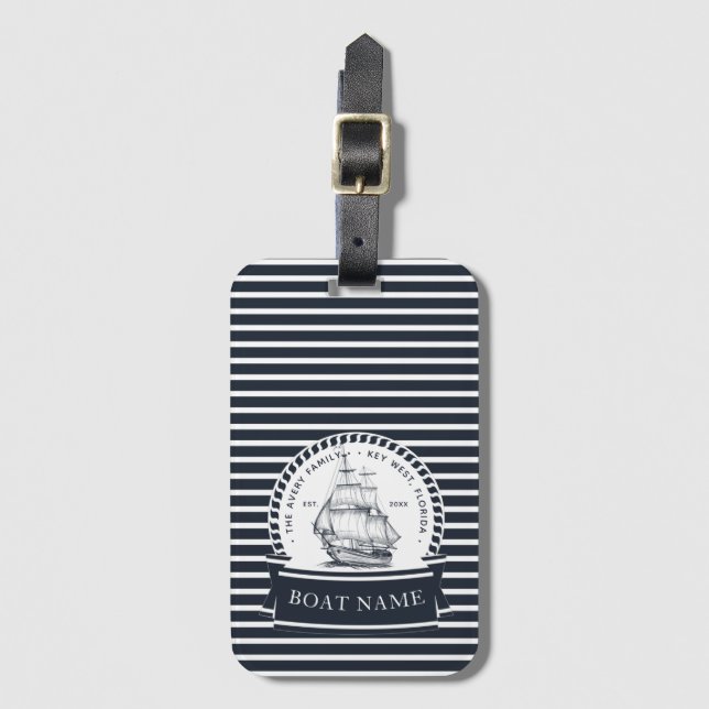 Navy Blue Luxury Boat Family Namn Bagagebricka (Framsida vertikal)
