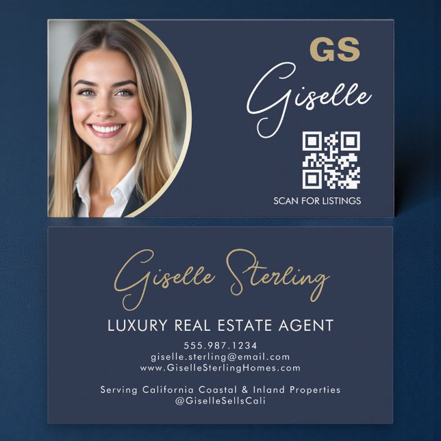 Navy Blue Luxury Real Estate Agent QR Code Photo  Visitkort (Skapare uppladdad)