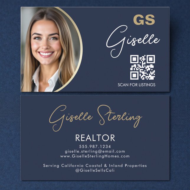 Navy Blue Luxury Realtor QR Code Photo  Visitkort (Skapare uppladdad)