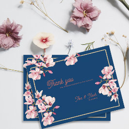 Navy Blue Magnolia Floral Wedding Thank You Vykort