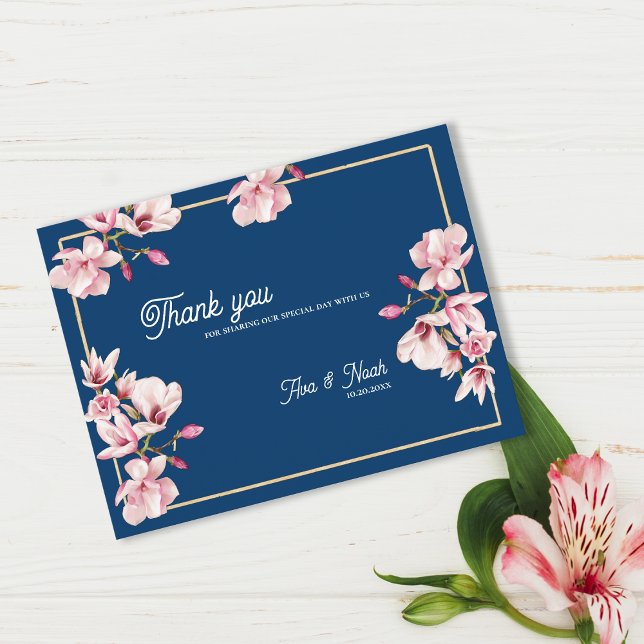 Navy Blue Magnolia Floral Wedding Thank You Vykort (Navy Blue Magnolia Floral Wedding Thank You Postcard)