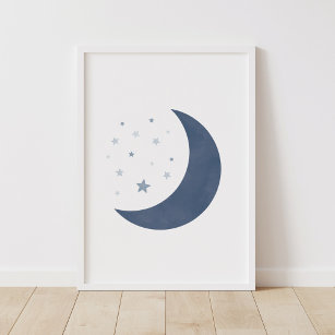 Navy Blue Måne och Stars Boy Nursery Poster
