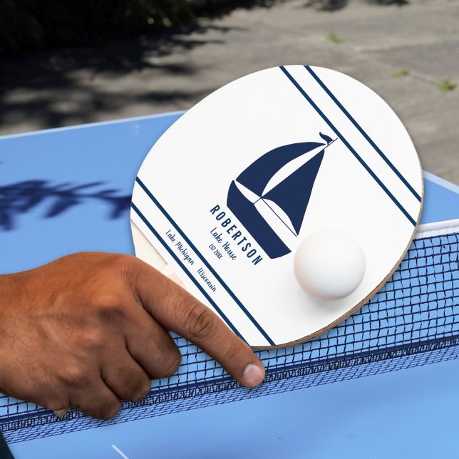 Navy Blue Marin Familjenamn Sjön Hus Pingisracket (Navy Blue Nautical Family Name Lake House Ping Pong Paddle)