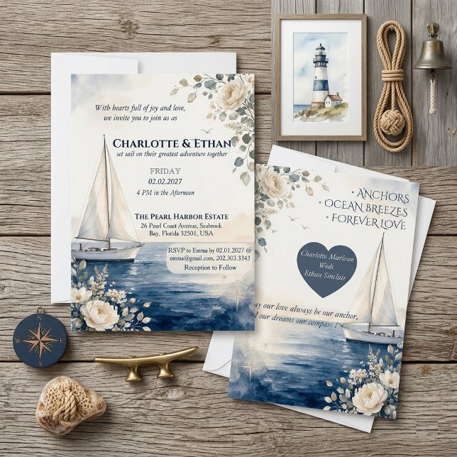 Navy Blue Marin Fartygs Elfenbensblommor Bröllop  Inbjudningar (Navy Blue Nautical Sailboat Ivory Florals Wedding Invitation)