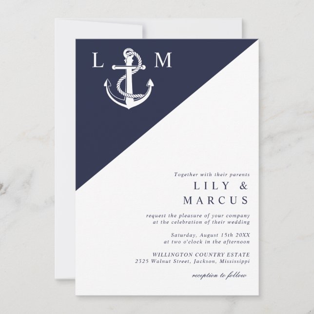 Navy Blue Marin Minimalistisk Monogram Bröllop Inbjudningar (Framsida)