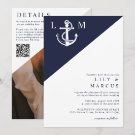 Navy Blue Marin Monogram Bröllopsfoto QR-kod Inbjudningar