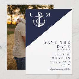 Navy Blue Marin Monogram Bröllopsfoto Spara Datumet