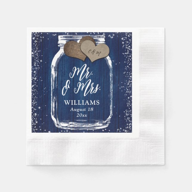 Navy Blue Mason Burk Rustic Wood Mr & Mrs Bröllop Pappersservett (Framsidan)