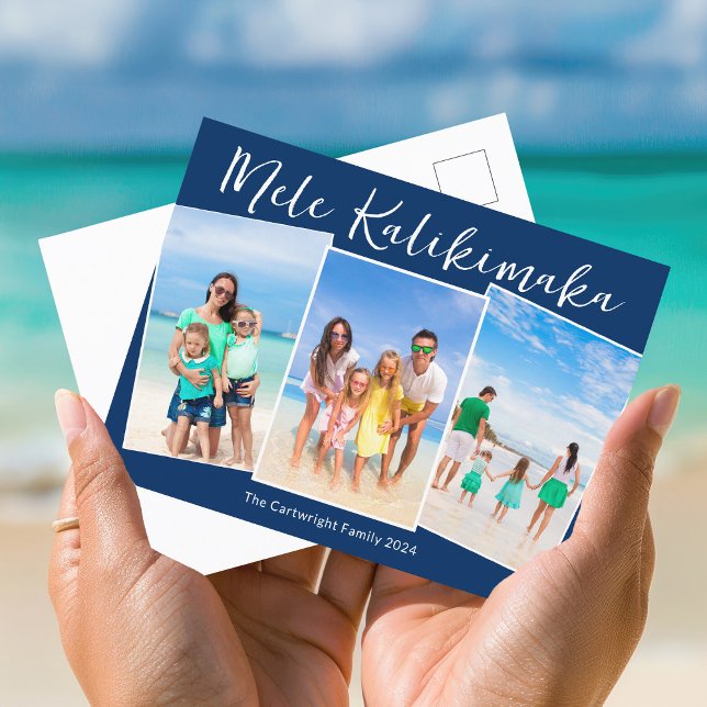 Navy Blue Mele Kalikimaka 3 Family Photo Christmas Helg Vykort (Skapare uppladdad)