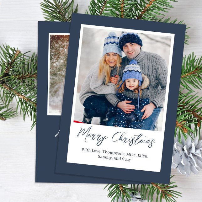 Navy Blue Merry Christmas Simple Photo Julkort (Merry Christmas Photo Calligraphy Script Card.)