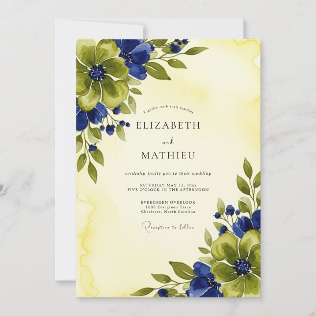 Navy Blue Mesmerizing Botanical Summer Wedding Inbjudningar (Framsida)