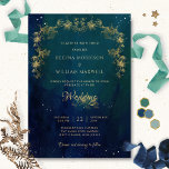 Navy Blue Mid Summer Night Dream Celestial Bröllop Inbjudningar<br><div class="desc">Önska dina gäster med den här eleganten och den unika stjärnvigselbröllopsinbjudan med en underbar blå marin och grönt celestial bakgrund med vackra stjärnor och ömtåliga faux-guldade botaniska trädgårdar i gyllene nyanser. Möjlighet att ändra och anpassa alla textavsnitt till kostym efter dina behov. Lätt att fylla i mallen. Perfekt för magisk...</div>