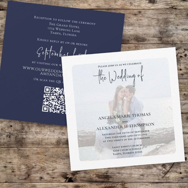 Navy Blue Minimalist Photo Elegant bröllop Inbjudningar (Navy blue wedding square invitation with photo overlay.)