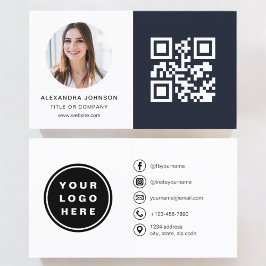 Navy Blue Minimalist Photo QR-kod Social Media Visitkort