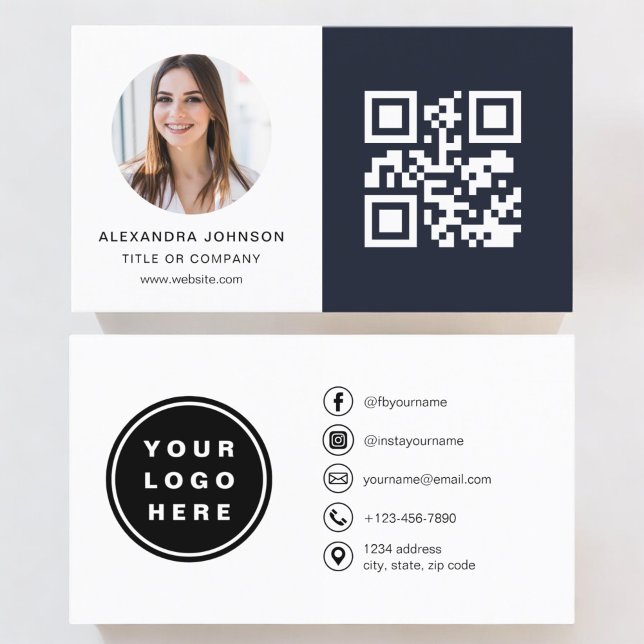 Navy Blue Minimalist Photo QR-kod Social Media Visitkort (Skapare uppladdad)