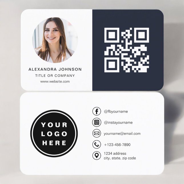 Navy Blue Minimalist Photo QR-kod Social Media Visitkort (Skapare uppladdad)