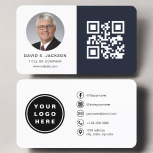 Navy Blue Minimalist Photo QR-kod Social Media Visitkort