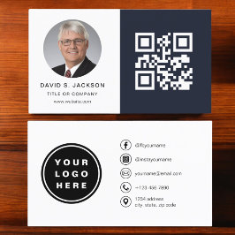 Navy Blue Minimalist Photo QR-kod Social Media Visitkort