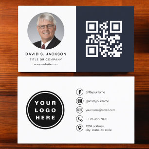 Navy Blue Minimalist Photo QR-kod Social Media Visitkort