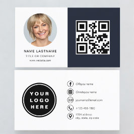 Navy Blue Minimalist Photo QR-kod Social Media Visitkort