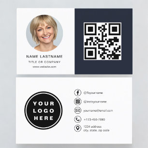 Navy Blue Minimalist Photo QR-kod Social Media Visitkort
