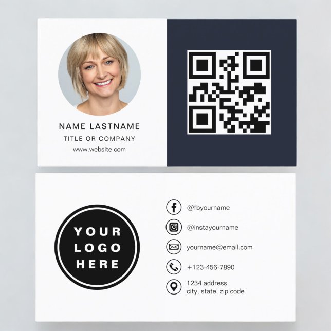 Navy Blue Minimalist Photo QR-kod Social Media Visitkort (Skapare uppladdad)