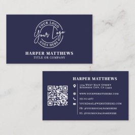 Navy Blue Minimalist Professional Logo QR Code Visitkort