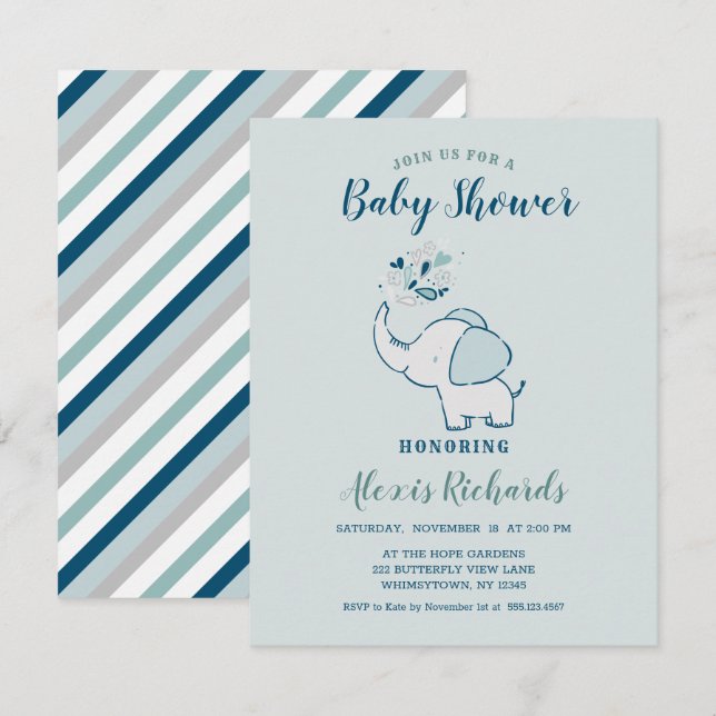 Navy Blue & Mint Cute Elephant Thworthy Shower Inbjudningar (Fram/baksida)