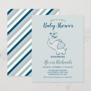 Navy Blue & Mint Cute Elephant Thworthy Shower Inbjudningar
