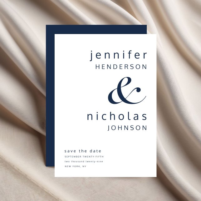 Navy Blue Modern Ampersand Typography Bröllop Spara Datumet (Navy Blue Modern Ampersand Typography Wedding Save The Date)