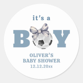 Navy Blue Modern Bow Soccer Sport Boy Baby Shower  Runt Klistermärke