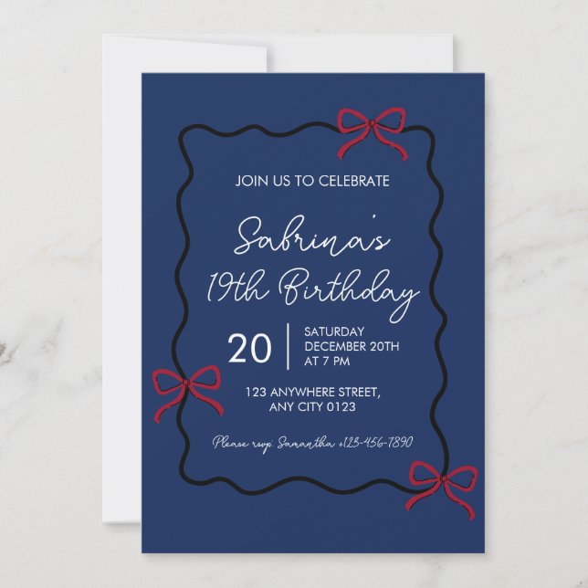 Navy Blue Modern Coquette 19th Birthday Invitation Inbjudningar (Framsida)