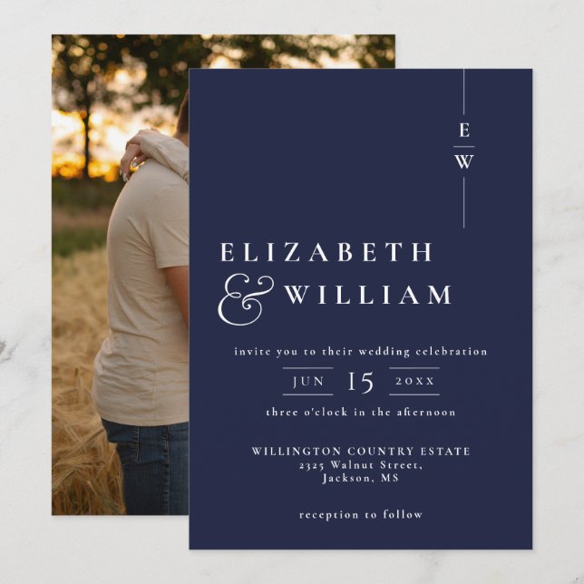 Navy Blue Modern Elegant Monogram Foto Bröllop Inbjudningar (Fram/baksida)