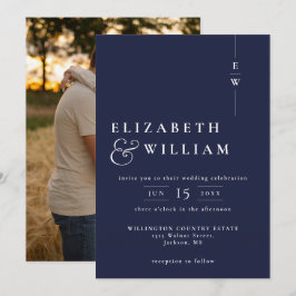 Navy Blue Modern Elegant Monogram Foto Bröllop Inbjudningar