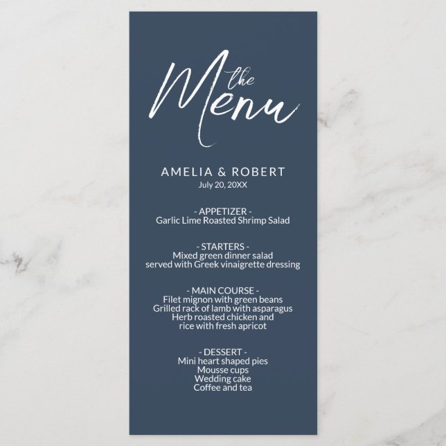 Navy Blue Modern Elegant Simple Bröllop Menu Meny (Framsida)