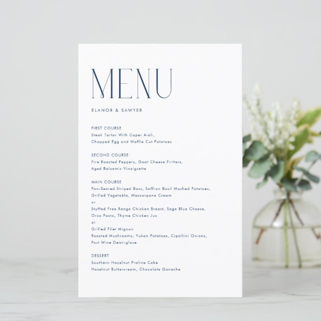 Navy Blue Modern Minimalist Typography-menykort (Stående Fram)