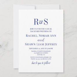 Navy Blue Modern Monogram Backyard Bröllop Inbjudningar