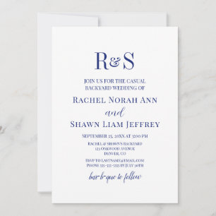 Navy Blue Modern Monogram Backyard Bröllop Inbjudningar