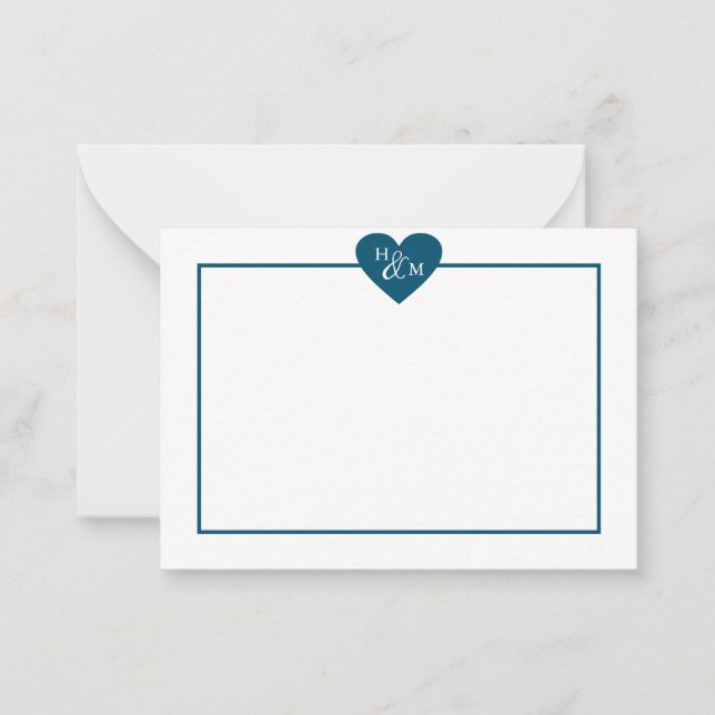 Navy Blue Modern Monogram Heart Anteckningskort (Framsida)
