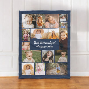 Navy Blue Modern Personlig 16 Photo Collage Fleecefilt