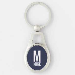Navy Blue Modern Personlig Monogram och Namn Ovalt Silverfärgad Nyckelring